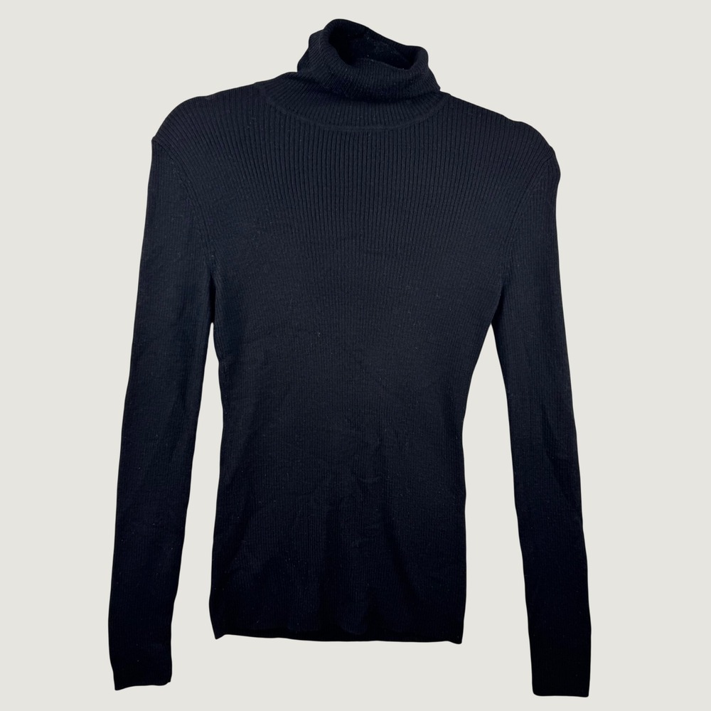 Uniqlo Turtleneck Sweater Womens Medium Black Ribbed 100% Woolmark Wool Classic